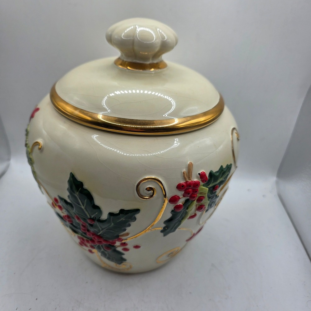 Cheryl & Co Christmas Holly Berry Ceramic Ginger Jar Canister Gold Trim Lidded